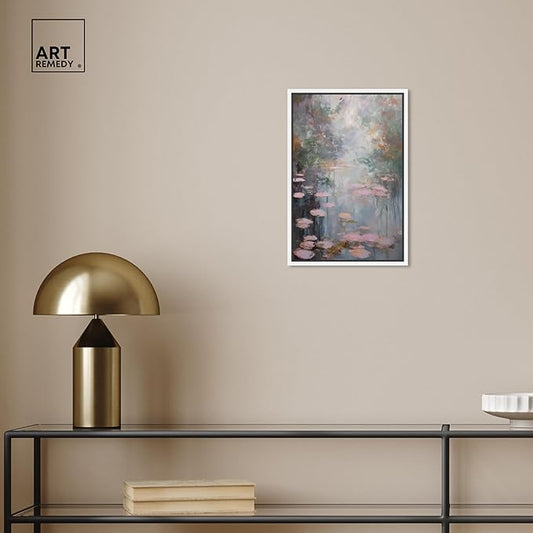 Art Remedy Pink Impressionisty Lilypads Framed Impressionism 1 Piece Canvas Wall Art/Monet And Van Gogh Inspired Art, 11" x 16", White Frame