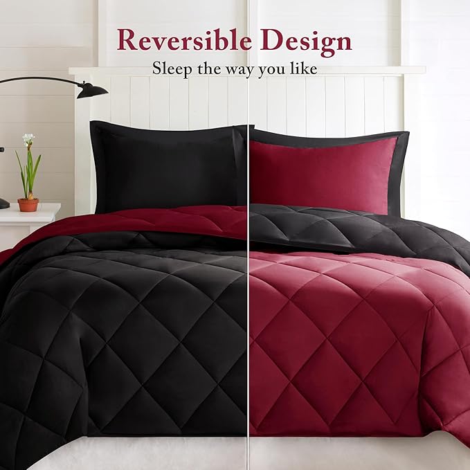 Madison Park Comforter Set, Reversible Down Alternative All Season Microfiber Bedding, 3M Scotchgard Stain Release, Full/Queen Dorm Comforter, Red/Black