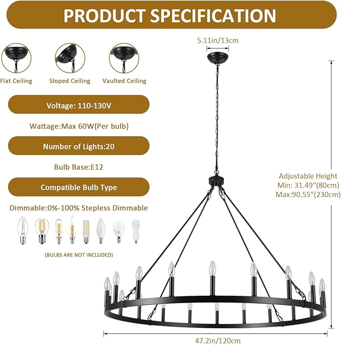 47.2 inches Black Wagon Wheel Chandelier- 20 Light Large Farmhouse Chandelier Industrial Rustic Dining Room Light Fixture Round High Ceiling Pendant Light for Living Room Entryway Foyer
