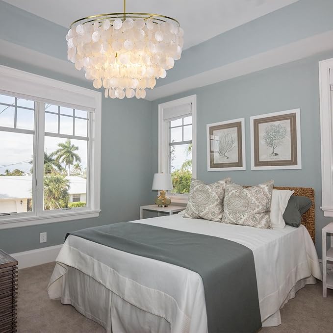 Wellmet Capiz Shell Chandelier, 6 Lights Gold Coastal Chandeliers for Dining Room, Modern Pendant Lighting Fixtures with Seashell Shade for Bedroom Living Room Hallway Foyer, W-23.62”