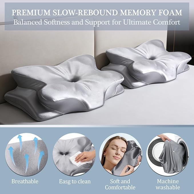 CCidea Bed Pillow for Sleeping, Ergonomic 50D Memory Foam Pillow, Adjustable Dual Height Support Pillow for Side Back Stomach Sleepers, Satin Cooling Breathable Pillowcase, US Patent, Odorless