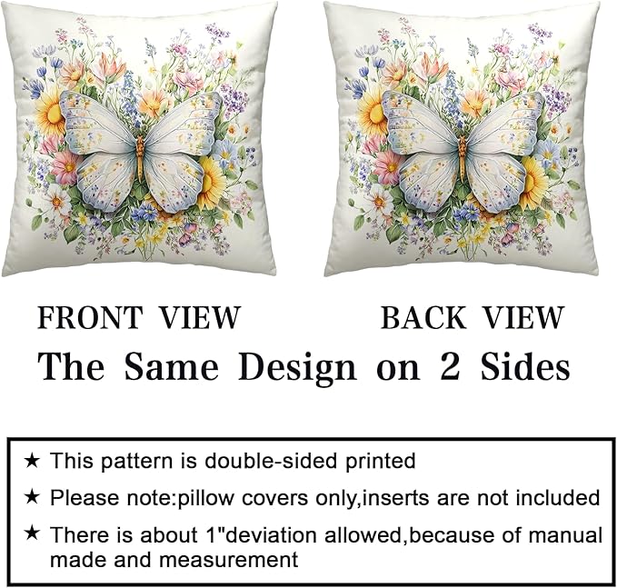 Colorful Butterfly Pillow Covers Spring Summer Floral Throw Pillow Covers Butterfly Sunflower Pillow Cases 20x20 Daisy Farmhouse Decorative Cushion Cases for Home Sofa 2 Pack
