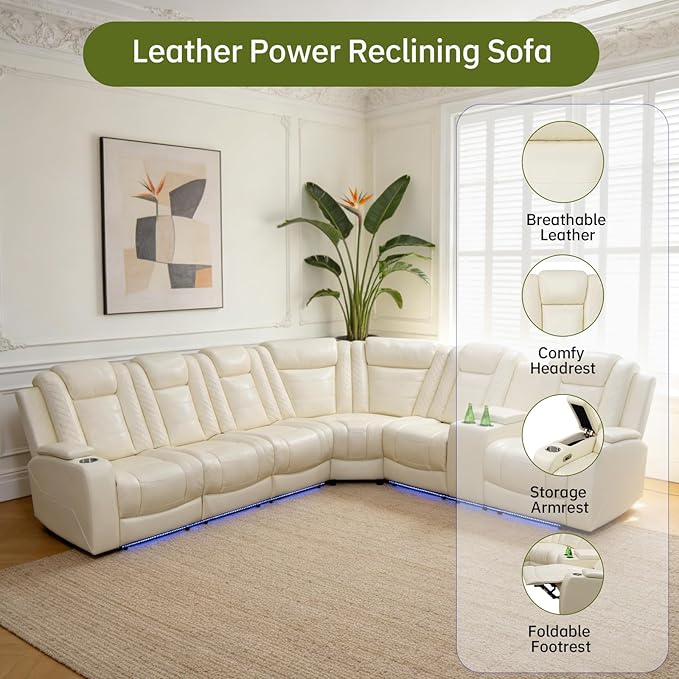 Electric Power Recliner Sectional with Quiet Adjustable Seating, Air Leather Couch for Home Theater Experience, Wireless Power, Cup Holders, Storage Design for Modern Living Room, White