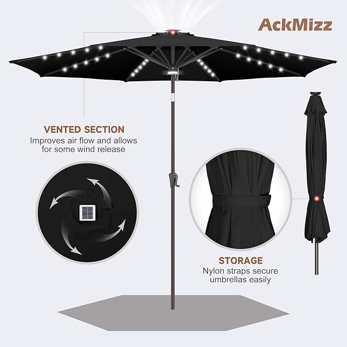 10FT Solar Umbrella Outdoor - Lighted Solar Patio Umbrella with 40 LED Lights Waterprool UV Protection, Table Umbrella with Tilt for Pool, Porch, Garden, Deck, Backyard (Black)