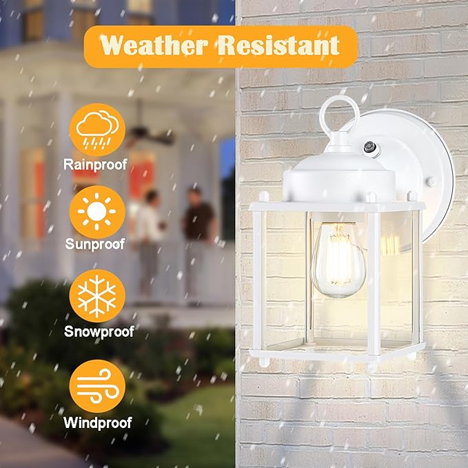 Dusk to Dawn Outdoor Wall Lantern, Modern Exterior Light Fixtures, Waterproof Front Door Wall Lighting with Clear Glass, White Outdoor Wall Lights for House, Garage, 4-Pack