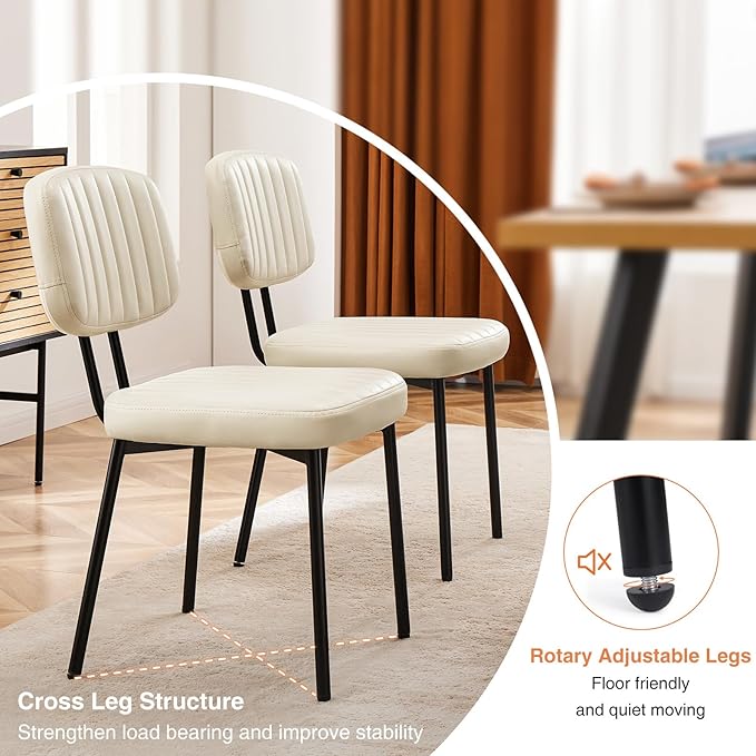Sweetcrispy Dining Chairs Set of 4, Upholstered Mid Century Modern Kitchen Dining Room Accent Chairs with Faux Leather Cushion Seat & Metal Legs for Kitchen, Living Room - Beige White