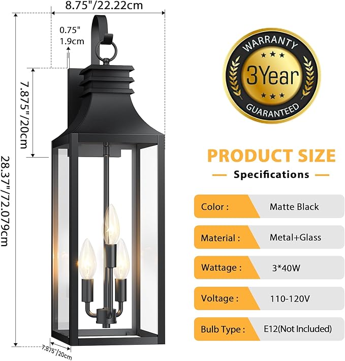 28" Large Outdoor Wall Lights 2 Pack, 3-Light Black Exterior Sconces with Clear Glass, Extra Tall Waterproof Porch Lanterns, Aluminum Alloy Fixtures for Front Door Garage, E12 Socket