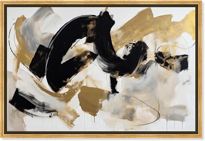 Art Remedy Moved Abstraction Canvas Modern Black White Abstract Wall Art, Gold Frame, 15" x 10"