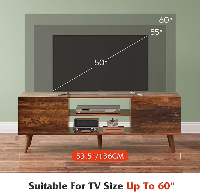 WLIVE Mid-Century Modern TV Stand for 55/60 Inch TV, Entertainment Center with Storage & Adjustable Shelves, Media Console with Soft-Close Cabinets for Living Room/Bedroom, Retro Brown