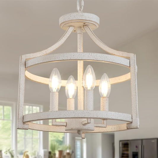 4 Lights Farmhouse Chandelier, Vintage Chandeliers for Dining Room, Rustic Semi Flush Mount Ceiling Light, Antique White Metal Hanging Pendant Light Fixture for Foyer Entryway Kitchen Island