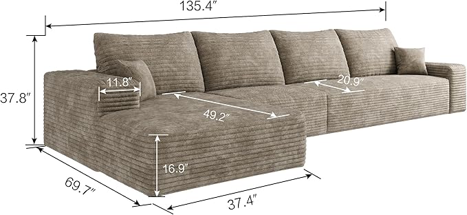 135" Corduroy Couch Sectional with Chaise, L Shape Boneless Cloud Couches for Living Room Bedroom, Modular Corner Couch, Fluffy Deep Seat Compression Sofa, Left Facing Chaise, No Assembly, Camel