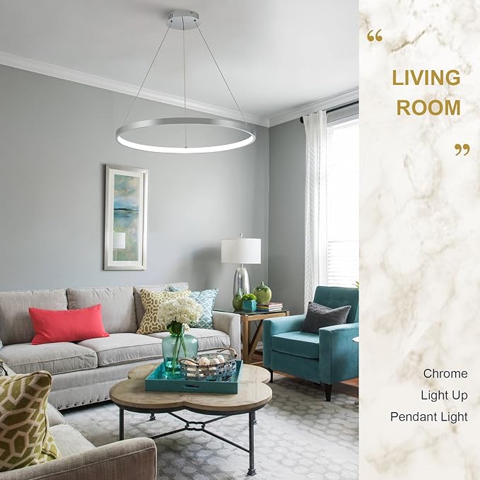 Chrome LED Ring Chandelier 24" Remote Control Dimmable Flush Mount Pendant Chandelier for Dinning Room Office Kitchen Living Room,3000-6500K