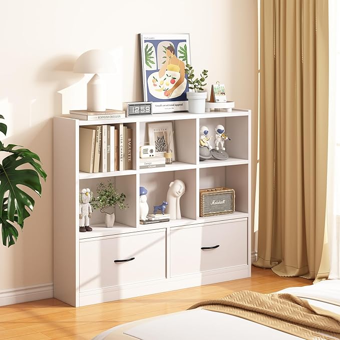 Cube Bookshelf Storage Organizer Bookcase,8 Cube Open Mid-Centur Shelf,Freestanding Display Bookshelve, Modern Wide Toy Shelf with Drawers for Bedroom Living Room Office(White)