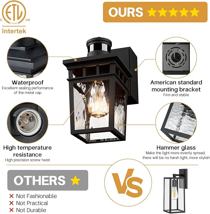 Porch Light Outdoor with GFCI Outlet - 3 Lighting Modes Exterior Light Fixture, Dusk to Dawn Motion Sensor Wall Mount Outside Lights for House,Garage,Front Door, Patio