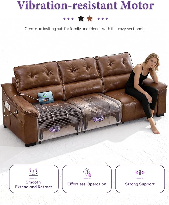 TYBOATLE Electric Reclining Sectional Couch, Power Recliner Sofa w/USB & Type-C Charging Ports and Cup Holders, Leather Reclining Sofa for Living Room, Home Theater (Brown)