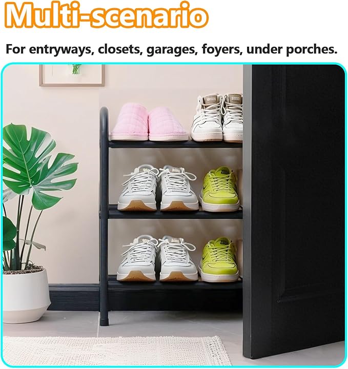 Expandable Shoe Rack, 3 Tier Adjustable Shoe Organizer Shelf for Closet,Slim Narrow Black Metal Free Standing Shoe Rack Storage for Small Space, Entryway, Hallway