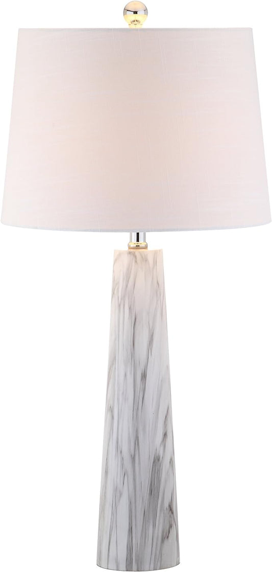 JONATHAN Y 29" White/Black Faux Marble Resin Table Lamp, Modern Glam Bedside Nightstand Lamp for Living Room, White Linen Drum Shade, UL Listed, LED Bulb Included JYL1002A