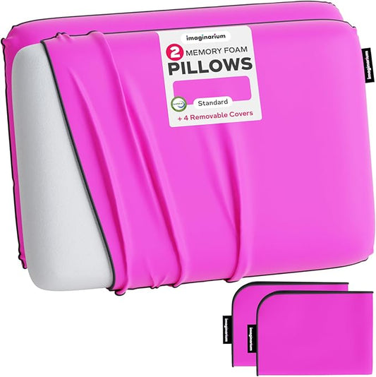 Imaginarium 2 Pack Memory Foam Pillows for Bed – 16" x 24" Standard – Fun Decorative Colorful Pillow for Sleeping – Back, Stomach & Side Sleepers – Includes 2 Extra Cooling Covers (Party Pink)