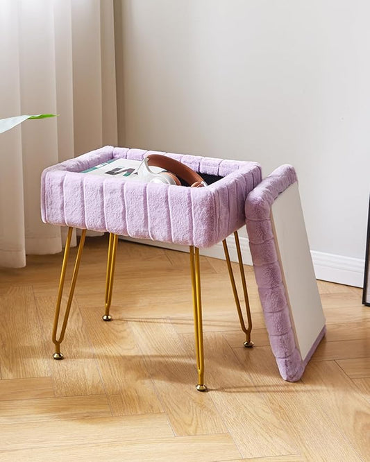 IBUYKE Stool Chair with Storage Space, Footrest Footstool Ottoman, Small Side Table, with 4 Metal Legs, with Anti-Slip Feet, for Makeup Room, Bedroom, Purple LG-50V