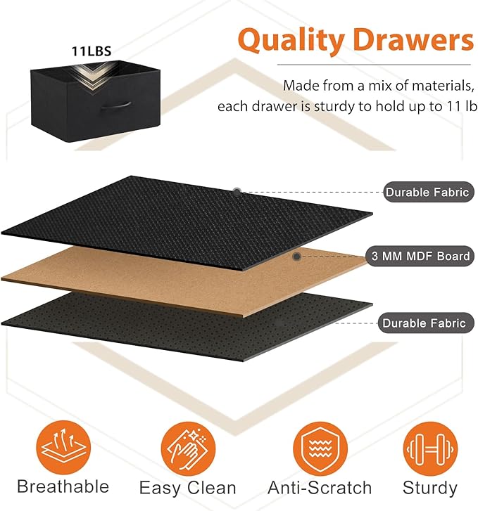 NEWBULIG 5 Fabric Drawer TV Stand Dresser for Bedroom, Entertainment Center for 45 inch TV with Open Shelf, Adjustable Feet & Wood Top, Fabric Organizer Unit for Living Room, Black