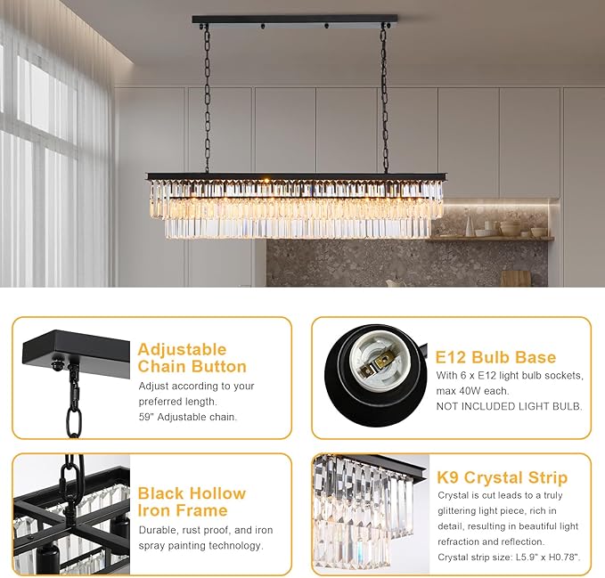 NOXARTE Rectangle Chandeliers for Dining Room, Modern Rectangular Crystal Chandelier Black 8 Lights Pendant Fixture for Kitchen Island Bar Living Room L47 Inch