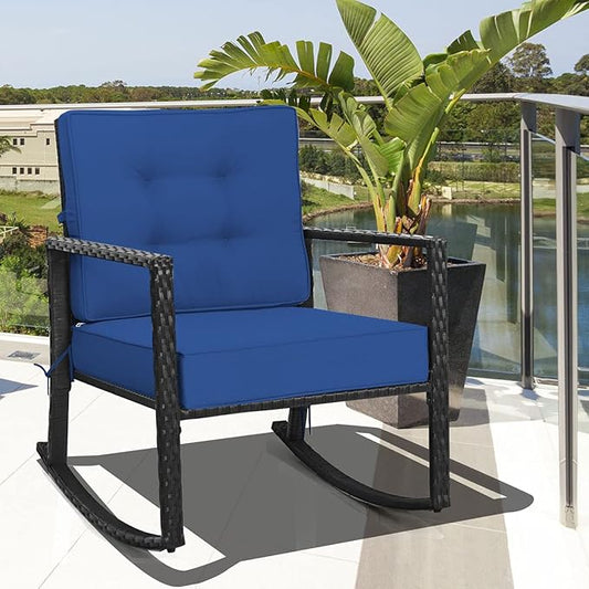 Tangkula Wicker Rocking Chair, Outdoor Glider Rattan Rocker Chair with Heavy-Duty Steel Frame, Patio Wicker Furniture Seat with 5” Thick Cushion for Garden, Porch, Backyard, Poolside (2, Blue)