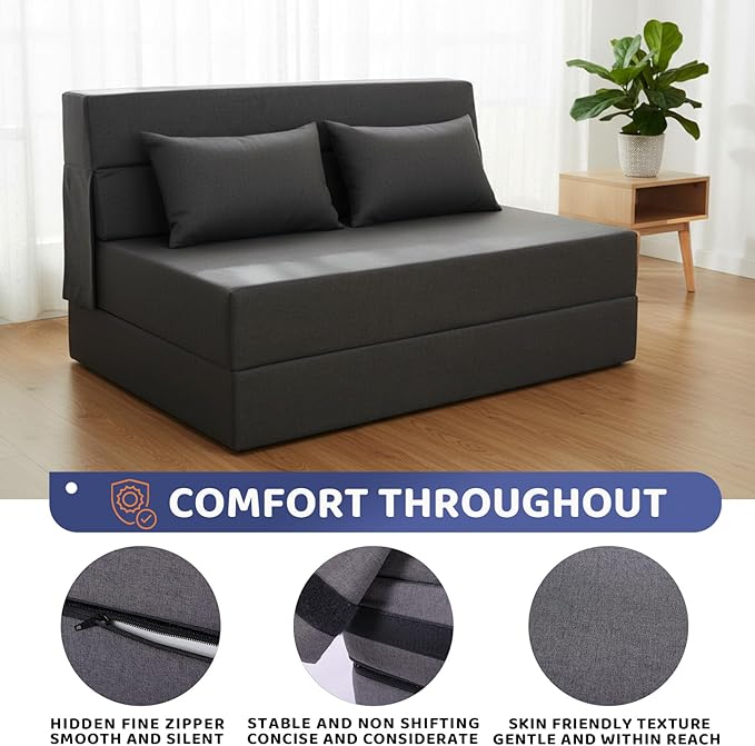 Fvkind Folding Sofa Bed, Foldable Sleeper Chair with Pillow, Convertible Fold Out Chair Bed with Washable Cover, Foldable Mattress for Living Room, Bedroom, Guest Room, Single Size, Dark Grey