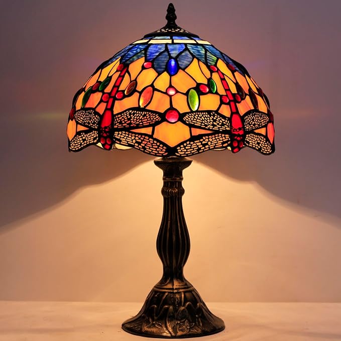 WERFACTORY Tiffany Lamp Stained Glass Bedside Table Lamp Orange Blue Dragonfly Style Reading Desk Light 12X12X18 Inches Decor Bedroom Living Room Home Office S168 Series