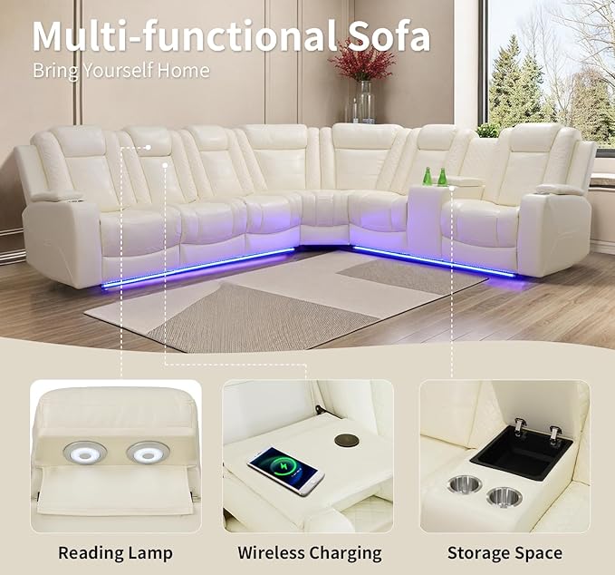 Power Recliner Sofa Sectional Couches with LED Light,Leather Reclining Corner Sectional Sofa Set with 3 Recliner Seats,Cup Holders,Storage Console for Living Room,Creamy