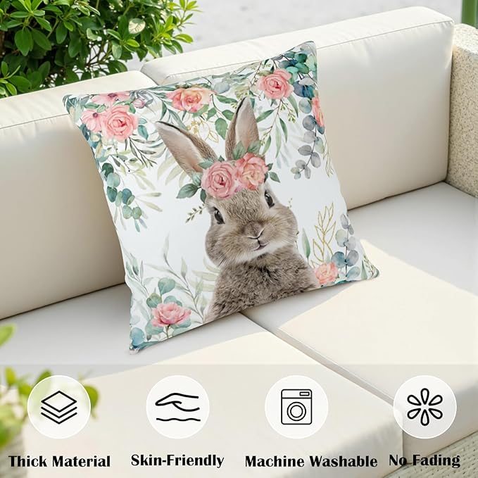 Easter Bunny Outdoor Pillow Covers 20x20 Set of 2 Easter Eucalyptus Leaves Rabbit Throw Pillow Case Spring Watercolor Rose Floral Farmhouse Pillowcase for Home Couch Sofa Decor
