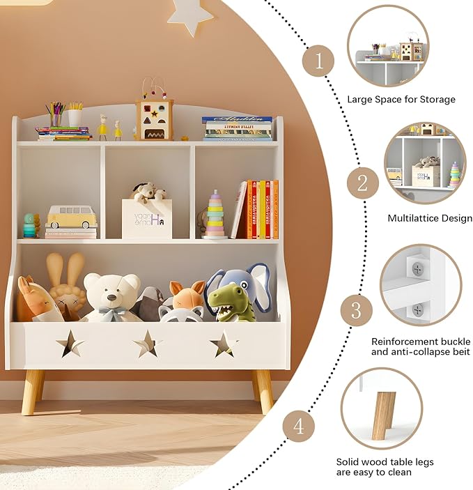 3-Tier Cube Organizer Bookshelf, Wide Bookcase for Toddlers, Mini Open Storage Bookshelve, Low Toy Shelf for Bedroom, Living Room, Nursery and Classroom(White)