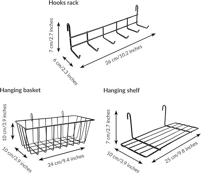 ODOXIA Wall Grid Accessories | Hanging Basket, Hooks Rack & Shelf | Wire Panel Display Shelf & Hooks | Grid Storage