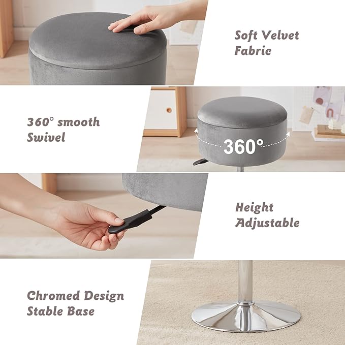 Adjustable Ottoman Stool Grey Vanity Stool Vanity Chair for Makeup Room Stool Chair for Vanity Stool with Storage Makeup Stools with Storage Swivel Makeup Chair for Bathroom Velvet