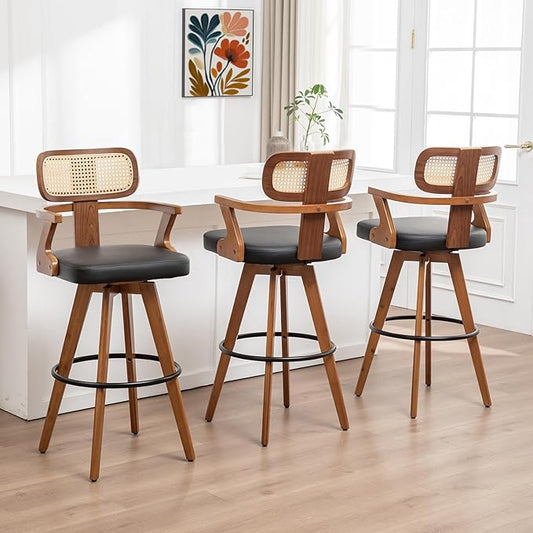 Swivel Bar Stools Set of 3 - 30 inch Mid Century Bar Stools with Walnut Craftsmanship, Curved Rattan Back, Upholstered Seat, Bar Height BarStools for Kitchen/Pub/Island/Cafe (30" Seat Height, Black)