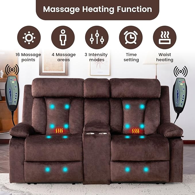Power Loveseat Recliner Sofa with Heat and Massage, Double Recliner Loveseat with Console, RV Recliners-Wall Hugger Reclining Couch with USB & Type C for Living Room, RV,Home Theater | Heat and Massage, Console, USB & Type C
