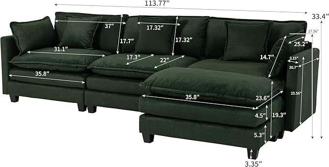 Eafurn Oversized Reversible Modular Sectional Sofa with Movable Ottoman, Convertible L Shaped Corner Couch Modern Chenille Sofa Set w/Double Layers Seat Cushions for Living Room Apartment