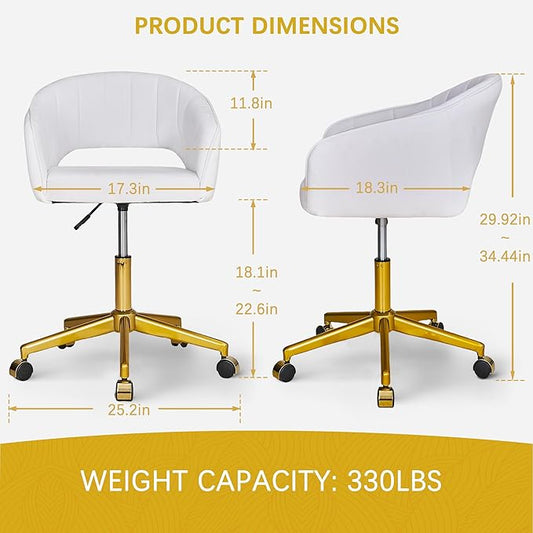 VECELO Velvet Accent Chair Set of 2, Adjustable Luxury Vanity & Dining Chair with Gold Rolling Base, 360°Swivel Upholstered Armchair for Living Room, Bedroom, Home Office, Pearl White