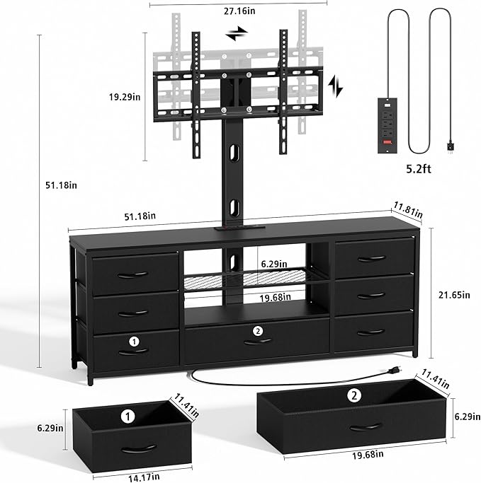 TV Stand with Mount and 7 Fabric Drawers, Led Entertainment Center with Power Outlets for 32 45 55 60 65 70 inch TVs, Black Dresser with Open Shelves, Media Console Cabinet for Living Room Bedroom