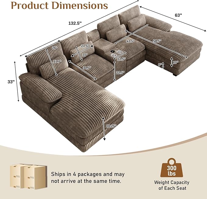 133" Oversized U Shaped Cloud Couch Modular Sectional Couches for Living Room Comfy Corduroy Deep Seat Sofa Set with Double Chaise Lounge, Storage Central Console, Cup Holders, USB Port, Brown