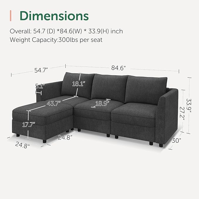 HONBAY Modular Sectional Sofa with Storage L Shaped Sectional Sofa, Convertible Couches for Living Room - Snowflake Velvet Grey