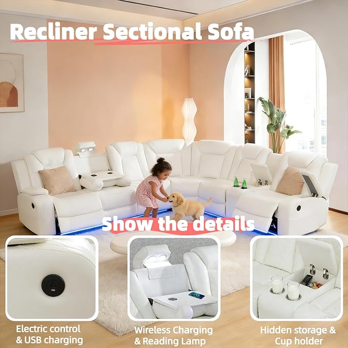Power Reclining Sectional Sofa with LED, Leather Recliner Couch for Living Room/Home Theater, Sectional Reclining Couches with USB Port/Hide-Away Storage