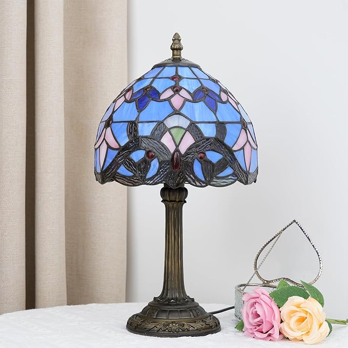 Tiffany Lamp Stained Glass lamp Small Bedside Table Lamps for Living Room Bedroom Dorm Kitchen Home Decor Festival Birthday Gift,Blue Baroque