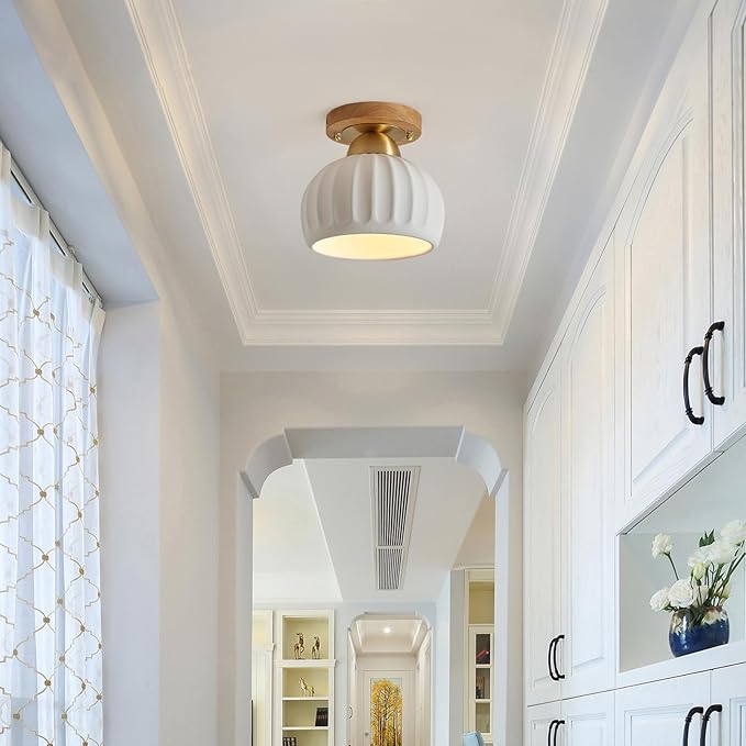 Ceramic Wood Brass Semi Flush Mount Ceiling Light Vintage Hallway Light Fixtures, Modern Small Ceiling Mount Light Lamp for Hall Kitchen Entryway Passway Porch Foyer