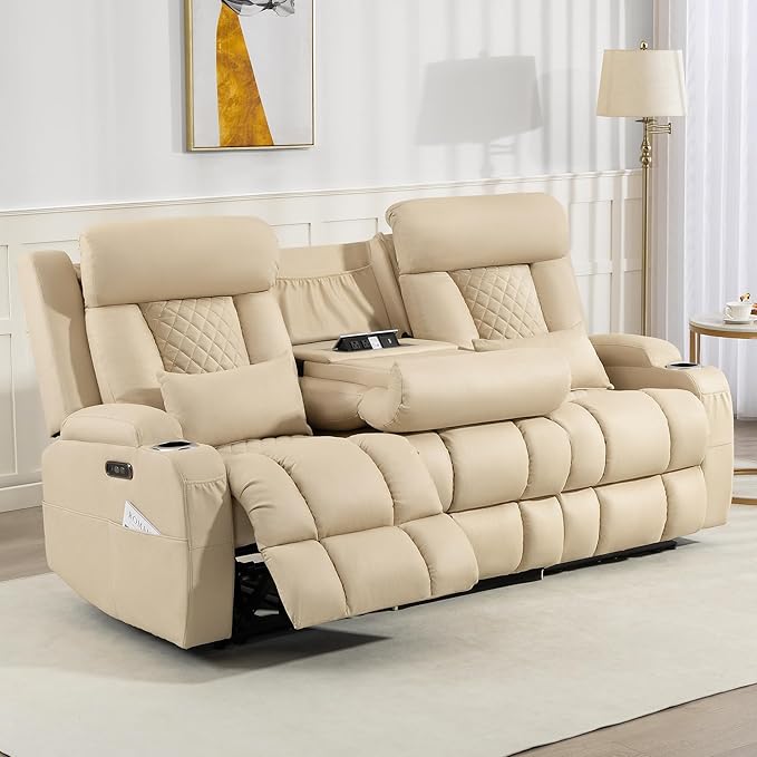 Zero Wall Hugger Power Reclining Sofa with Adjustable Headrest, Electric Reclining Couch with Drop-Down Table,Outlets, Power Loveseat Recliner Sofa for Living Room,RV (Beige, 3 Seat)
