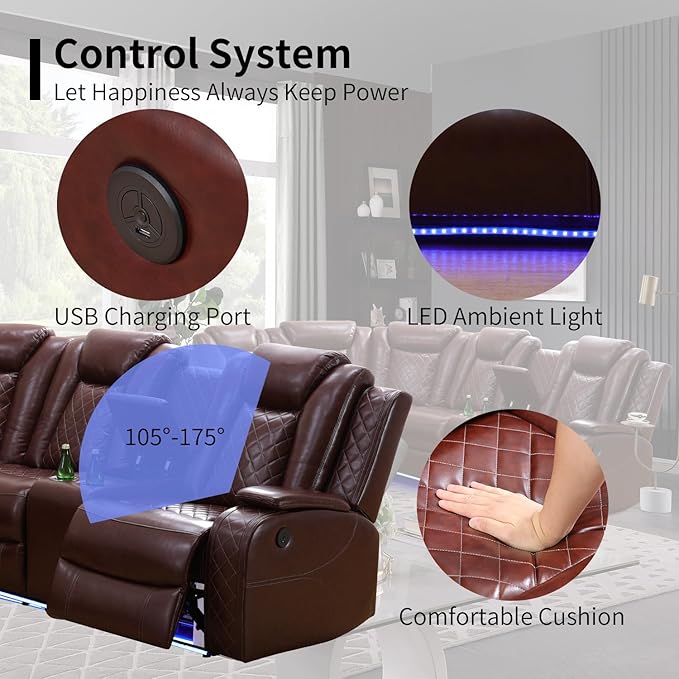 Leather Power Recliner Sectional Sofa with LED Light,L Shaped Leather Couch Set with 2 Recliner Seats，Modular Corner Sofa with Storage Console/Coffee Table for Living Room(Red, Sectional)