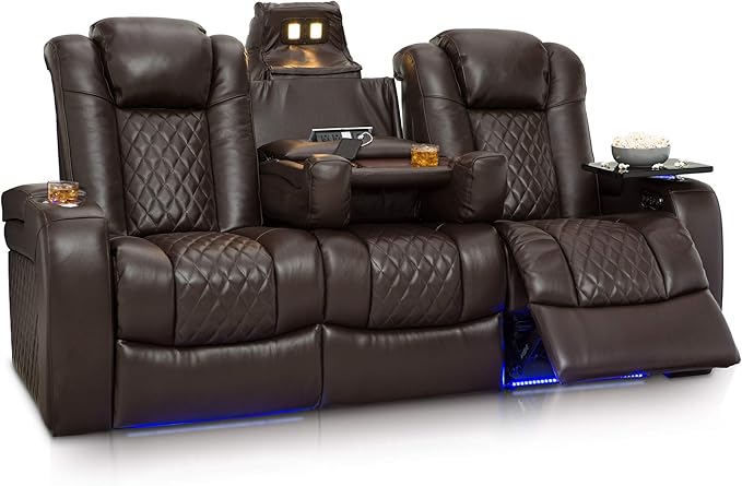 Seatcraft Anthem Home Theater Seating - Italian Leather - Power Recline Sofa - Fold-Down Table - Powered Headrests - Arm Storage - USB Charging - Cup Holders, Brown