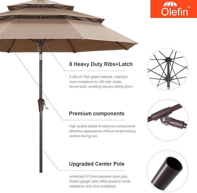MASTERCANOPY 9ft 3-Tier Olefin Patio Umbrella with Tilt Crank, 5-Year-Non-Fading Canopy & 8 Fiberglass Ribs for Deck, Patio, and Garden, Bright Blue