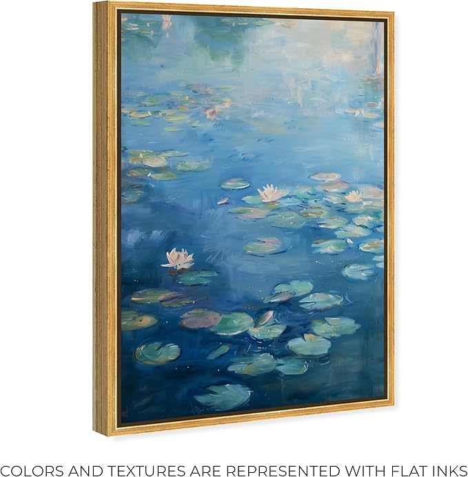 Art Remedy Lilypads In Blues Framed Impressionism 1 Piece Canvas Wall Art/Monet And Van Gogh Inspired Art, 31.5" x 46.5", Gold Frame