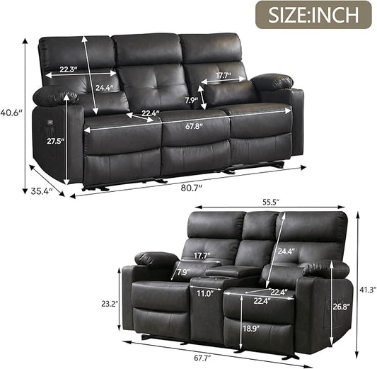 Power Recliner Sofa Set for Living Room, 2 Pieces Recliner Furniture Sofa Set, Power Reclining Sofa and Loveseat Set with Massage and Heat, Reclining Loveseat with Console for Living Room