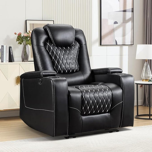 ANJ Power Recliner Chair with USB Ports and Cup Holders - Overstuffed Electric Home Theater Seating PU Leather Reclining Furniture with Hidden Arm Storage, Easy to Clean ，Black